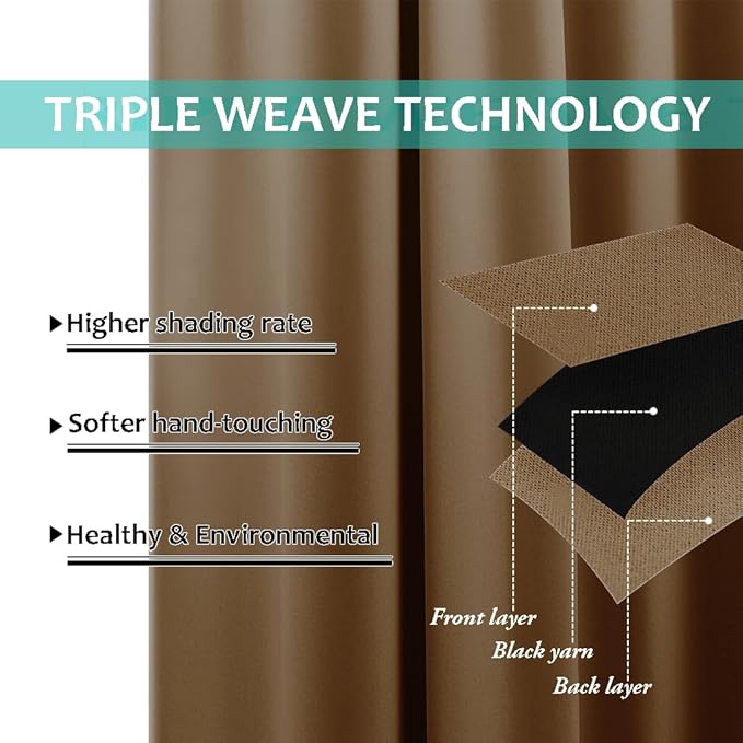 NICETOWN 100% Blackout Curtains for Windows, Pack of 2, Gold Brown, 52" W x 120" L, Super Heavy-Duty Black Lined Total Darkness Drapes for Bedroom, Privacy Assured Window Treatment for Patio