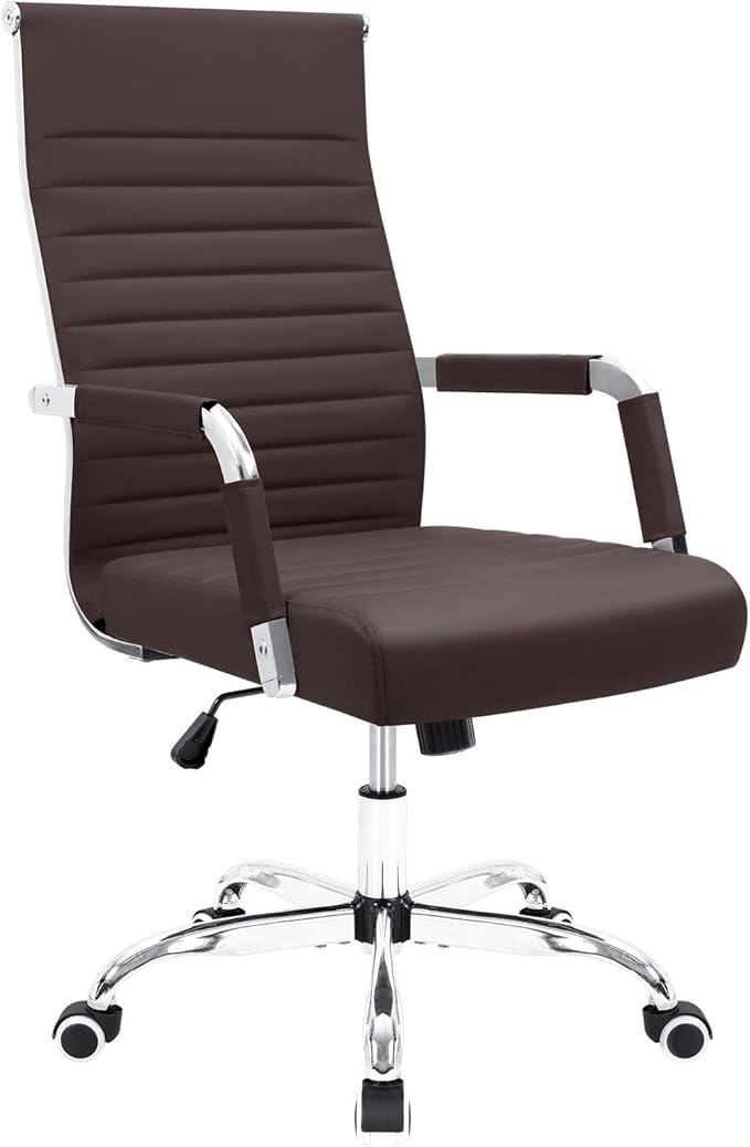 Furmax Ribbed Office Desk Chair Mid-Back PU Leather Executive Conference Task Chair Adjustable Swivel Chair with Arms (Brown)