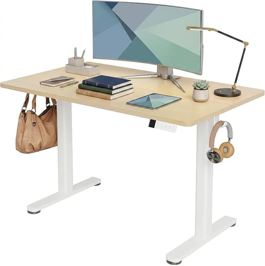 Claiks Electric Standing Desk, 48x24 Inch, Nature | Adjustable height for sit-stand, 156lbs capacity, scratch-resistant surface, 3 memory presets, cable management & hook.