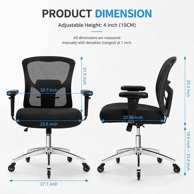 Big and Tall Office Chair 600lbs, Heavy Duty Ergonomic Mesh Chair, Computer Executive Desk Chair with Wide Thick Seat, Adjustable Armrests, Lumbar Support (Black, 601LBS) (Black, 601LBS)