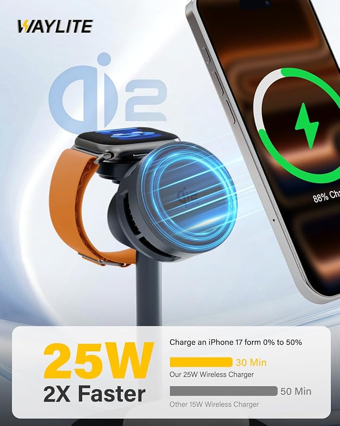25W Fast Wireless Charger Stand for Apple MagSafe Charger, 3 in 1 Charging Station with TEC Cooling, QI2.2 Magnetic Wireless Charger for iPhone17/16/15/14/13/12, Apple Watch, AirPods, Gifts for Men