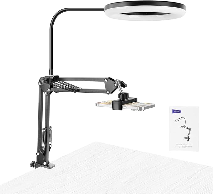 NEEWER Entry Level Version N41 8" LED Ring Light with Desk Clamp Stand/Remote, Overhead Phone Mount Holder Compatible with iPhone, Streaming Video Recording Selfie Nail Tech Food Photography Lighting