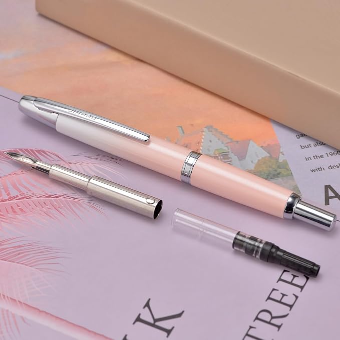 Jinhao 10 Press Fountain Pen with Box, Gradient Peach Pink Retractable Fine Nib with Ink Converter Set (Silver Clip)