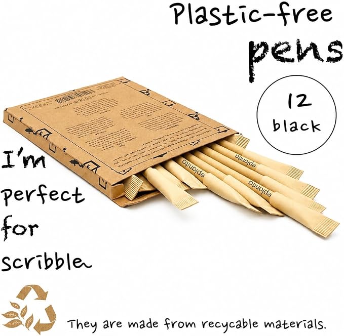 eplanita I’M PERFECT FOR SCRIBBLE – Eco Friendly Pens (Pack of 12), Black Ink Ballpoint Biros, Sustainable Stationary Supplies, For Office or School, One Tree Planted