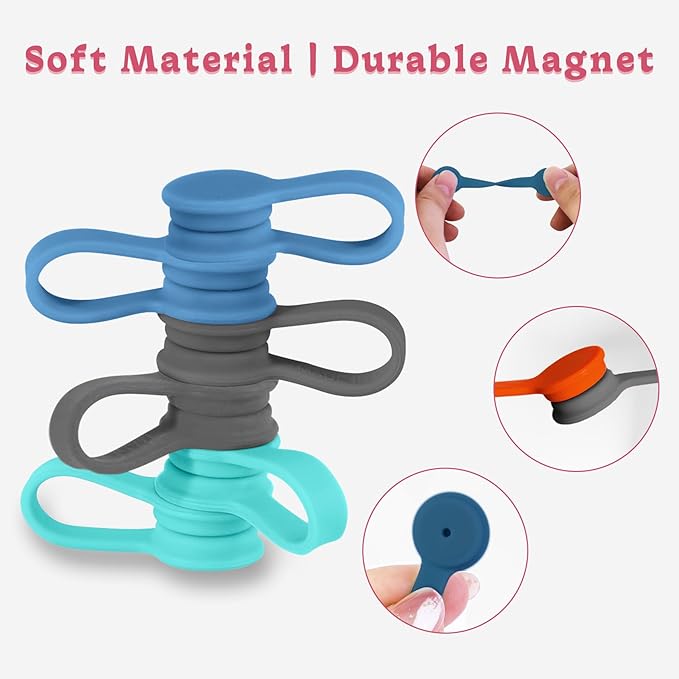 Viaky Magnetic Cable Ties 6-Pack,Silicone Magnetic Twist Ties Colorful | Reusable Cord Organizer for Bundling Earphone, Phone Charger, Cord Management Straps for Home,Office,Kitchen,School,Travel