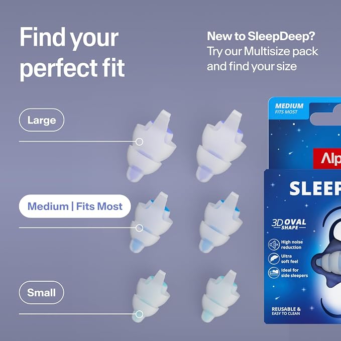 Alpine SleepDeep Earplugs for Sleeping – Side Sleepers & Snoring – Ultra-Soft Noise Reducing Earplugs – 27dB SNR – Hypoallergenic, Silicone-Free – 1 Pair (M)