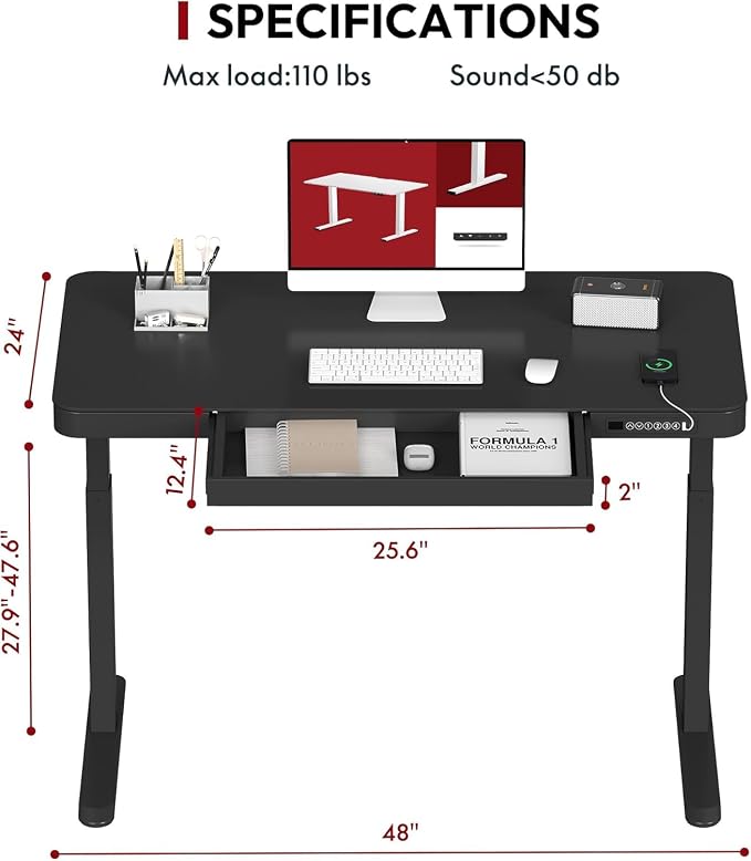 SANODESK Standing Desk with Drawer, Electric Height Adjustable Home Office Desk with Storage & USB Ports, 48 inch Black Wood Tabletop/White Frame