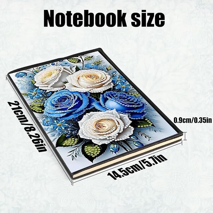FRANDEK Pearl Painting Notebook Kit, Blue and White Rose A5 DIY Journal with 50 Blank Pages, Diamond Gem Art Cover with Waterproof Canvas, Beginner Craft Set with Full Tools for Adults