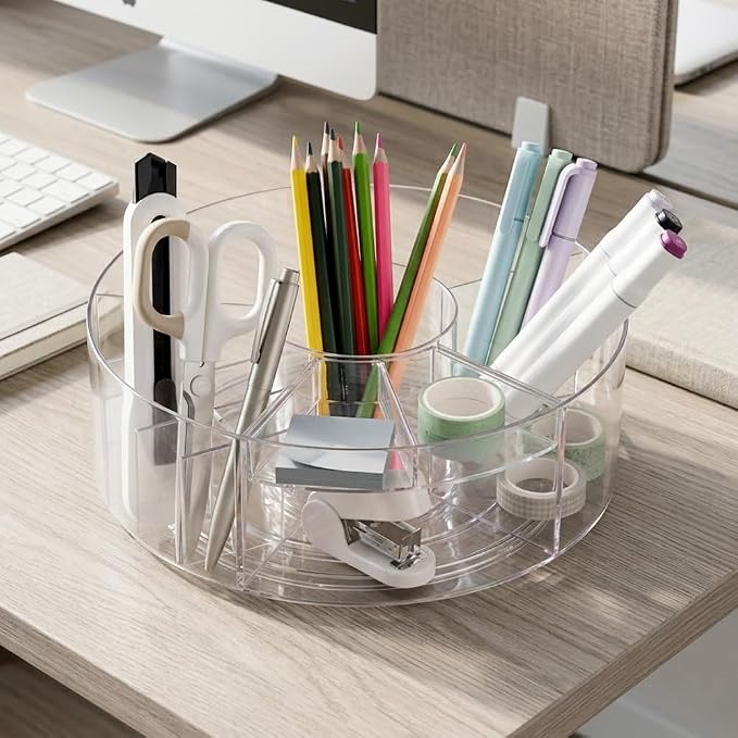 360° Rotating Pen Organizer, Large Clear Acrylic Marker Holder with 6 Compartments, 10" Lazy Susan Pencil Holder for 295 Markers, Colored Pencils, Crayons, Makeup Brushes & Desk Supplies