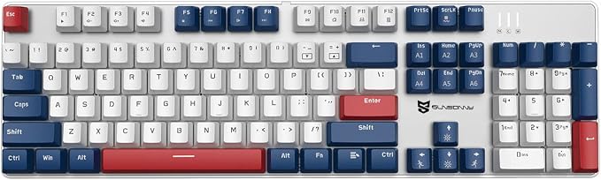 104 Keys Full Size Mechanical Gaming Keyboard | Blue Switch Blue/White/Red Combo Color Computer Keyboards | Hot Swappable US Layout Wired Mechanical PC Gaming Keyboard | Light Up Wired Keyboards