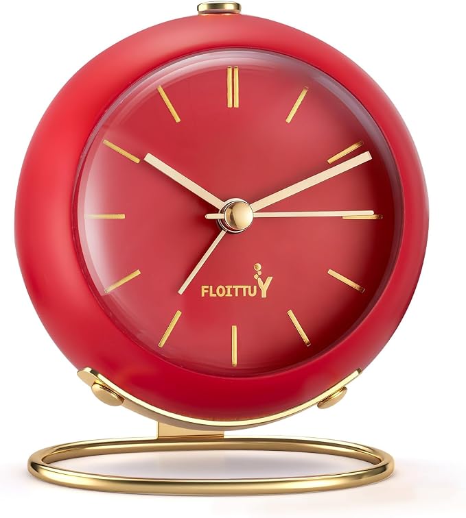 FLOITTUY Silent Table Analog Alarm Clock No Ticking, Lighted on Demand and Battery Operated, Beep Sounds, Small Desk Clock(Tomato Red)