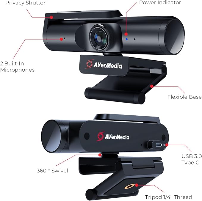 AVerMedia 4K webcam for PC, Gaming Camera for Streaming, Video Calls, Built-in Mic, Privacy Cover, for Teams, Google Meet, Zoom, OBS and more, for PC/Mac - PW513 Live Streamer CAM