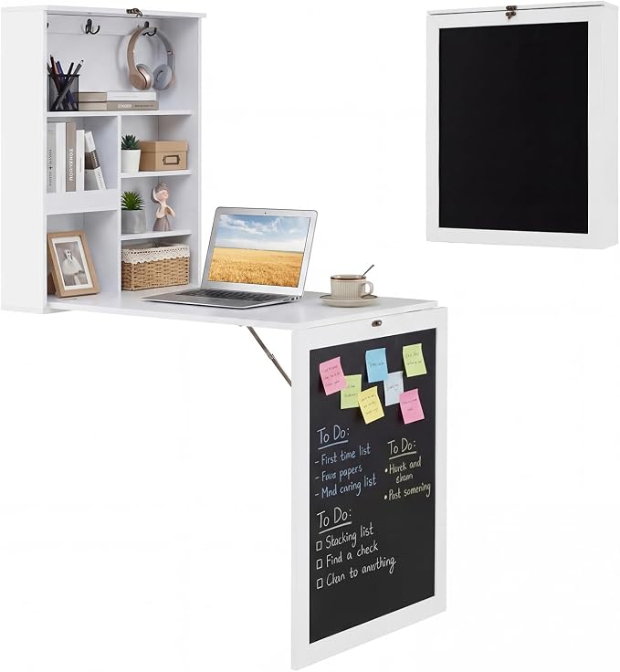 Giantex Foldable Wall Mounted Desk, Convertible Writing Desk with Storage Shelves, Hooks & Chalkboard, Space-Saving Fold-Up Table, Corner Floating Laptop Table for Small Spaces, Home Office, White