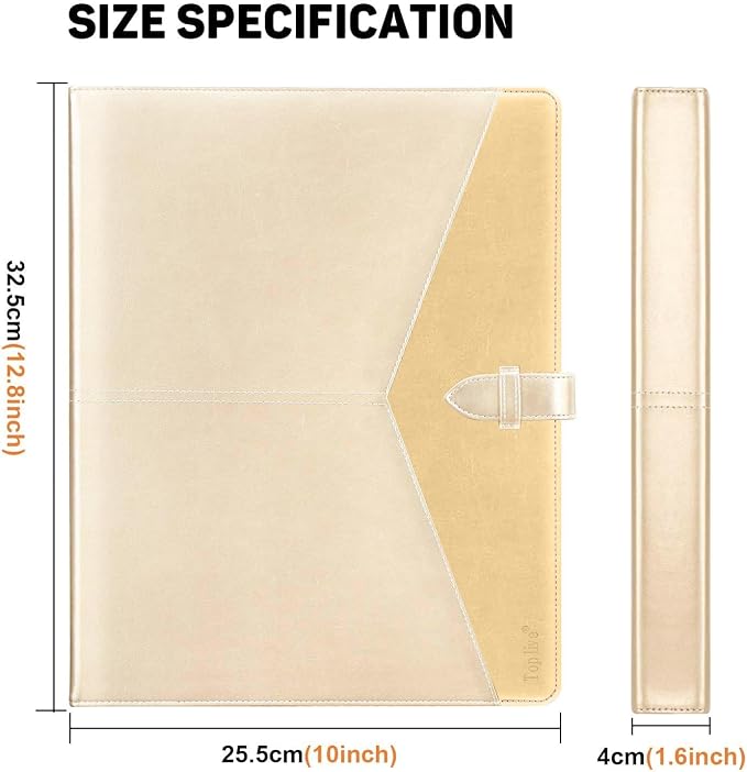 Toplive Padfolio 3 Ring Binder Organizer Business Portfolio Folder for Women, A4/ Letter Size PU Leather Portfolio Padfolio for Interview Conference Presentation, Gold
