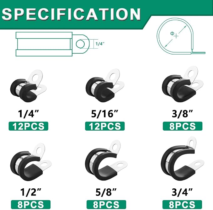 OURU 56PCS Cable Clamps Assortment Kit,Rubber Coated, 1/4"-3/4" 6 Sizes | 304 Stainless Steel, Anti-Vibration, Rust Resistant, Secure Hold, Automotive Wire, Pipe & Tube Mounting, Cable Management
