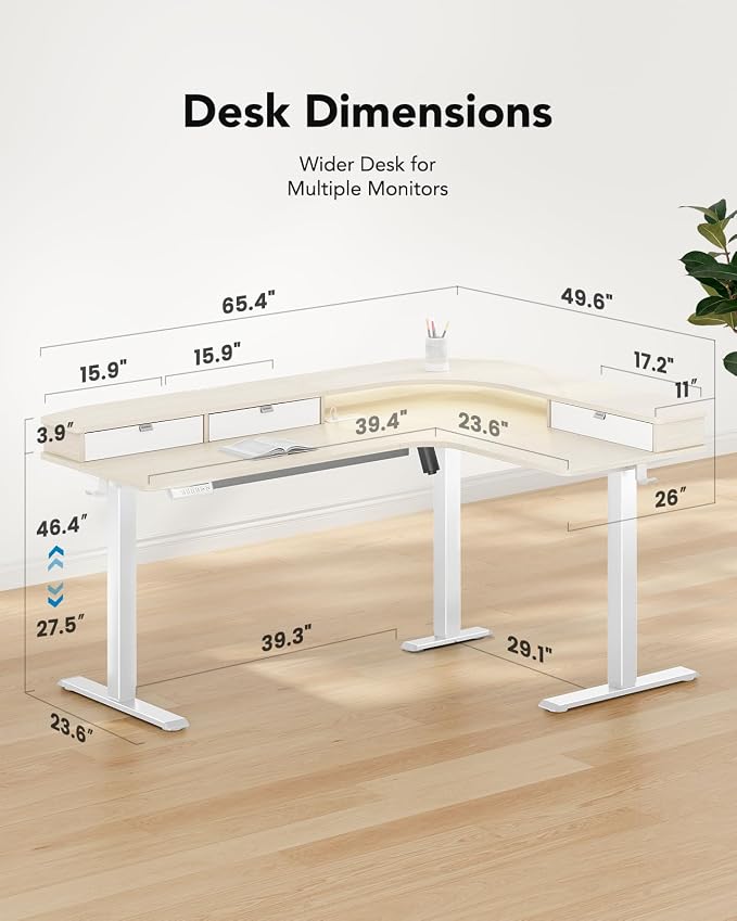 HUANUO 65″ L Shaped Standing Desk with 3 Drawers, Electric Height Adjustable Corner Computer Desk with Power Outlets & LED Strip, Sit Stand Up Desk for Home Office, Natural Wood