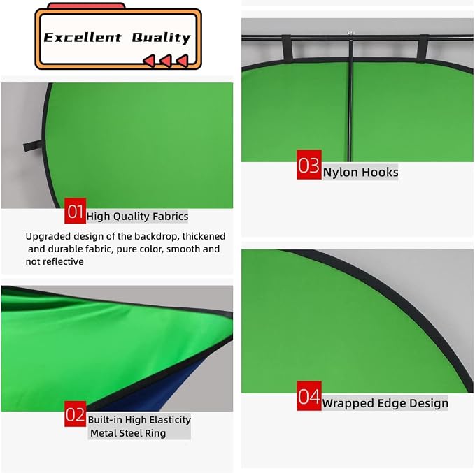 59.1x78.7inch/1.5x2.0mChromakey Green Screen， Blue & Green 2 in 1 Double Sided Pop Up Collapsible Backdrop for Vlogging and Video Conferencing with Carrying Bag