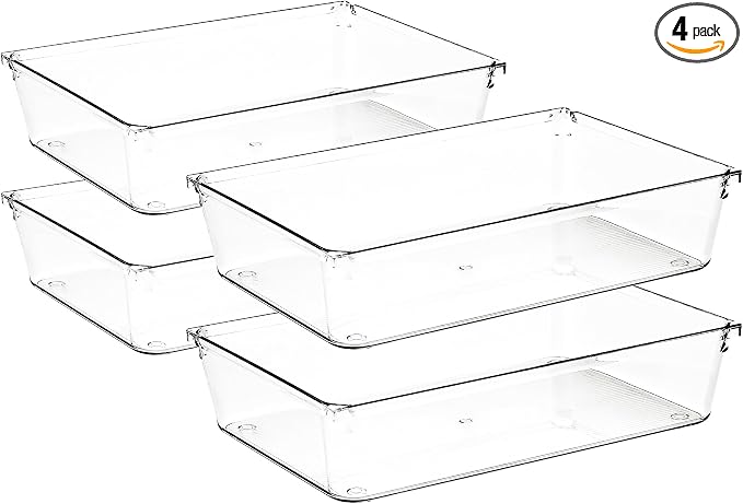 4 Pack Drawer Organizers, 6"X 9" Clear Acrylic Storage Bins | Acrylic Tray Design, Non-Slip Pads, Desk Storage Helper, For Makeup, Jewelry, Kitchen, Bathroom, Office Organization