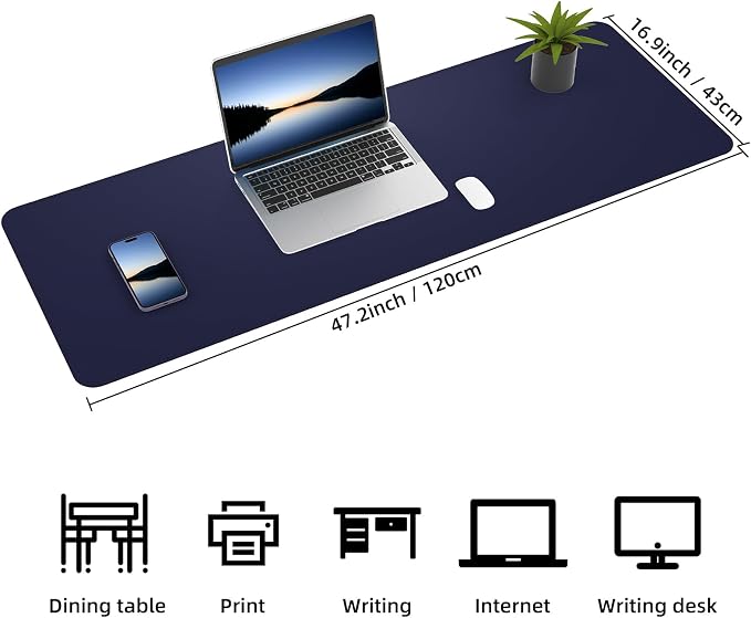 AFIING Leather Desk Pad Protector, Large Desk Mat with Natural Cork & PU Leather, Mouse Pad, Non-Slip, Waterproof Desk Writing Pad for Office and Home Blue