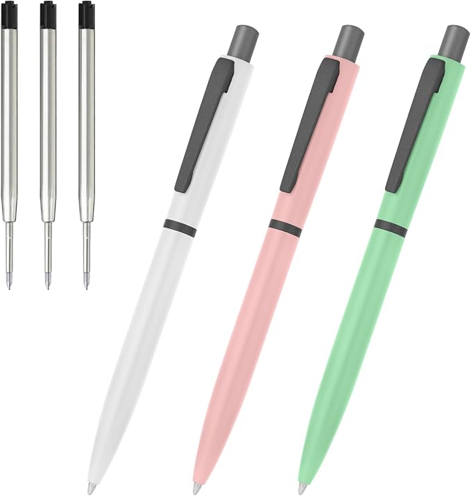 Cambond Ballpoint Pens Black Ink - Metal 1mm Medium Point Smooth Writing Click Pens Bulk, White Pink Green Retractable Pen Set for College Student Office Woker Nurse(3 Pens with 3 Refills)