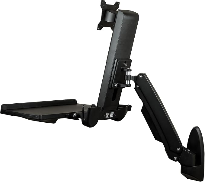 StarTech.com Wall Mount Workstation - Articulating Full Motion Standing Desk with Ergonomic Height Adjustable Monitor & Keyboard Tray Arm - Mouse & Scanner Holders - Single VESA Display, TAA