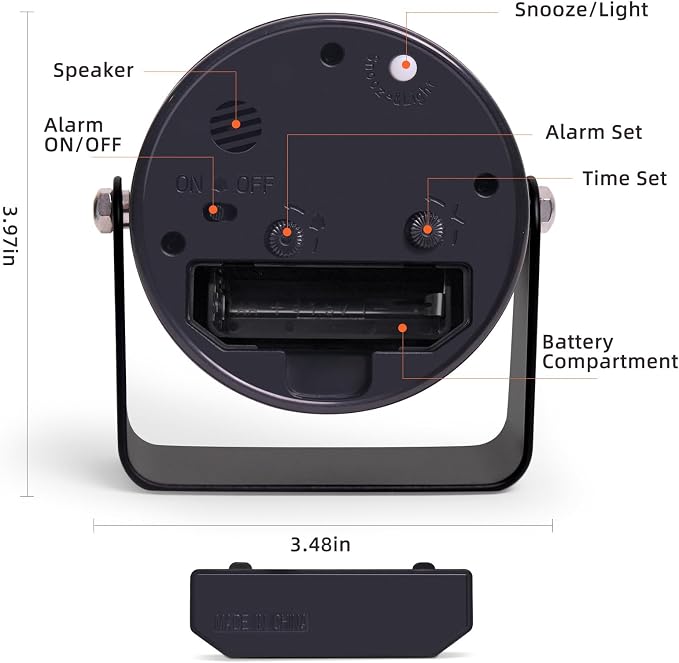 TIMESS Analog Alarm Clock, Silent Non-Ticking Quartz Movement, Battery-Operated with Snooze & On-Demand Light, Easy to Set Gentle Wake Bedside Desk Clock, Ideal for Home, Travel, Office (Black)