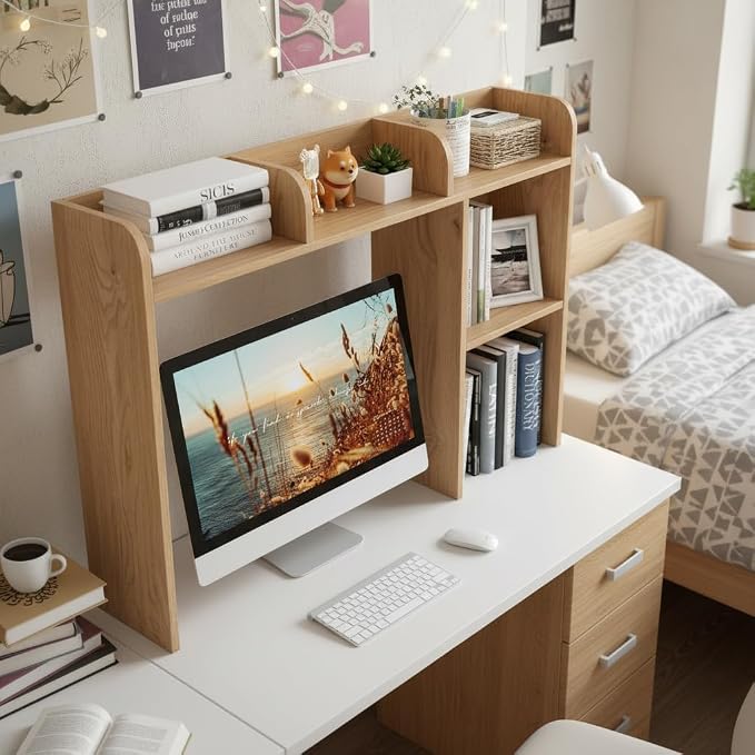 Tangkula Desktop Bookshelf, Countertop Storage Hutch with 5 Shelves for Computer Desk, 3-Tier Display Rack, Multipurpose Wood Storage Organizer for Dorm Office Home