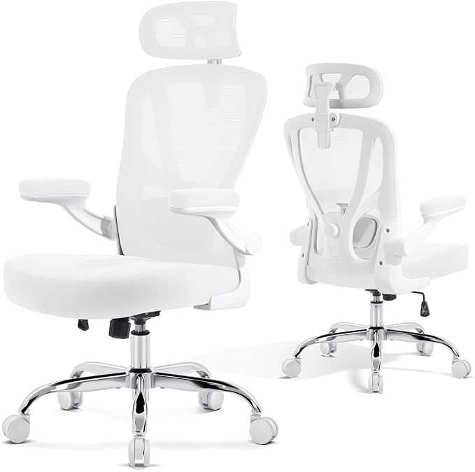 Office Chair Ergonomic Office Chair with Lumbar Support, Head Support, Rocking Function, FLIP-up Armrests, Mesh High Back Chair Home Office Desk Chair, Suitable for Home, Office, White