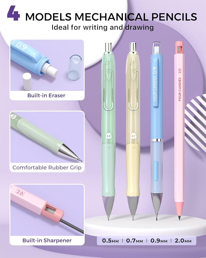Four Candies 42PCS Aesthetic School Supplies, Mechanical Pencils 0.5mm, 0.7mm, 0.9mm & 2.0mm with 696PCS Lead Refills, Cute Mechanical Pencil Set for Writing, Drawing & Drafting (Cream)