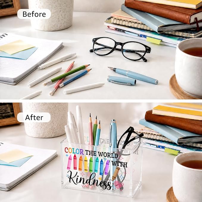Color The World With Kindness Cosmetic Organizer Pen Holder, Be Kind Pencil Holder 2 Compartments, Kindness Office Desk Accessory for Teacher, Office Back to School Gifts for Counselor Mentor
