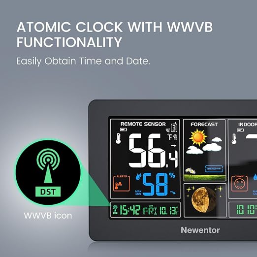 Newentor Weather Station Wireless Indoor Outdoor Thermometer, Black,3Sensor | Color Display Digital Weather Thermometer with Atomic Clock, Barometric Pressure, Forecast Station with Adjustable Backlight