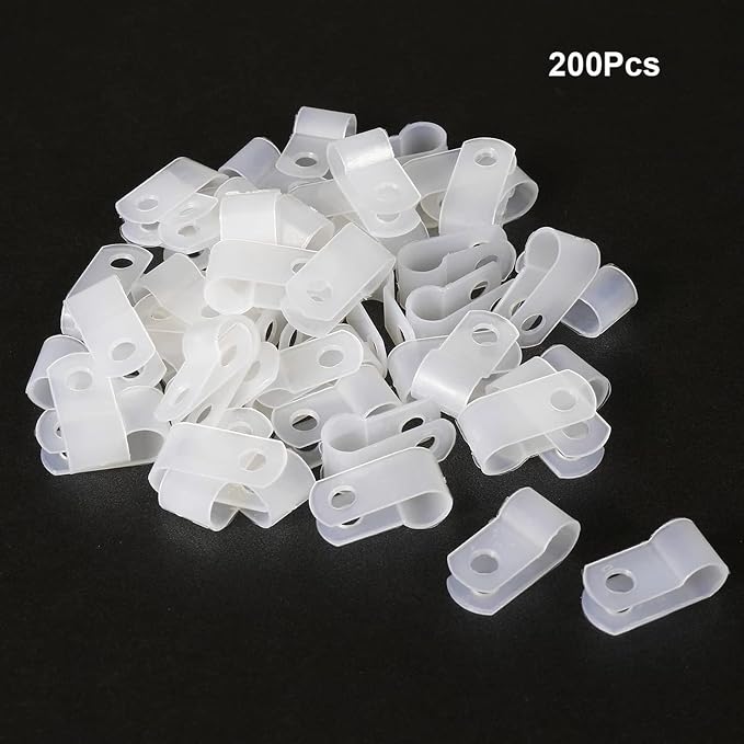 200 Pcs White Nylon R-Type Cable Clamps 3/16" Plastic Wire Clips Fasteners Assortment for Wire Management