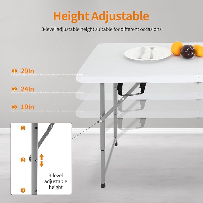 BestOffice Camping Folding 4 Foot Plastic Table, White