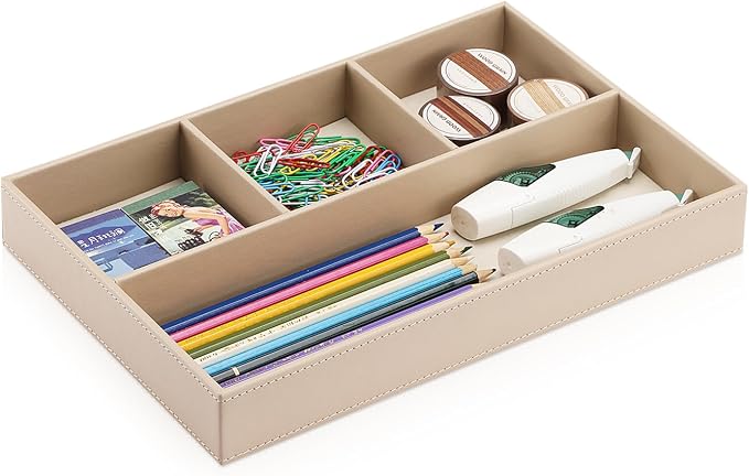 4-Slot Leather Drawer Tray Desk Stationery Sundries Organizer Storage Box Pen Pencil Holder Case Container (Dark Beige)