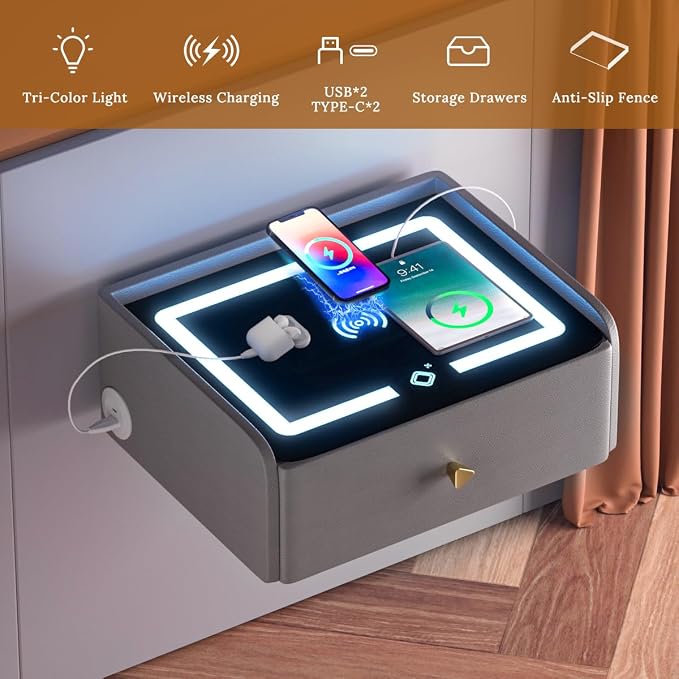 HOMEMORE Floating Nightstand with Charging Station Bedside Table LED Smart Bedside Table Wall Mounted Nightstand Grey