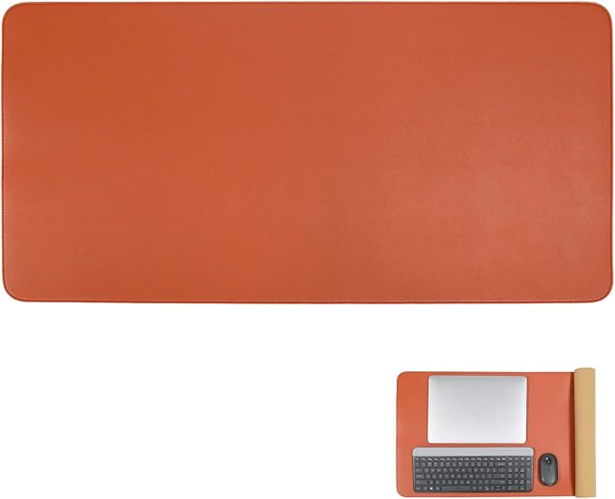 Large Double Sided Desk Mat 31.5" x 15.7" PU Leather Cork Mouse Pad | Large Orange Overlocked Edge Desk Pad Protector for Office Home Gaming Laptop Vanity, Overlocked with Matching Thread