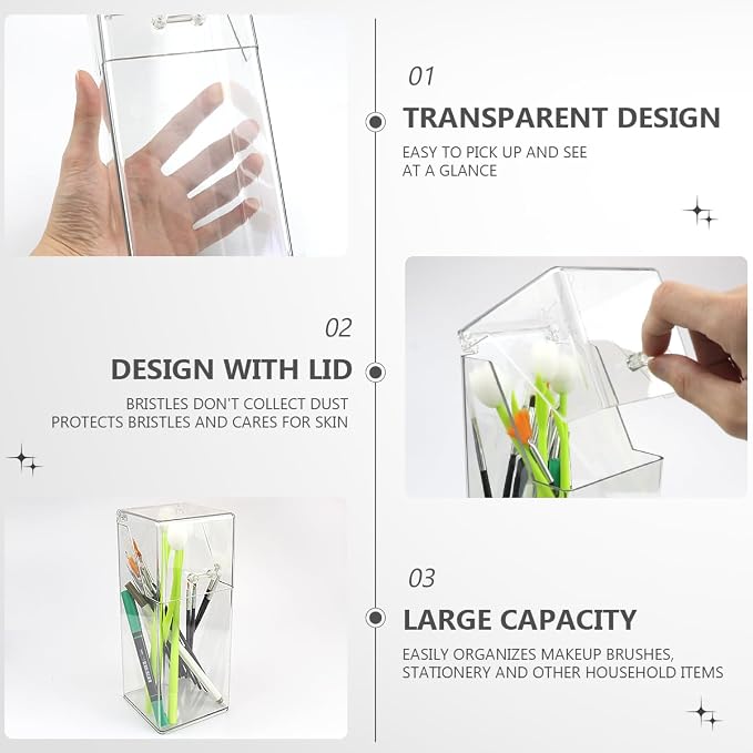 2Pcs Acrylic Makeup Brush Organizer with Lid, Clear Makeup Brush Holders Brush Storage Dust Proof Box Makeup Organizer for Dressing Tables and Vanity