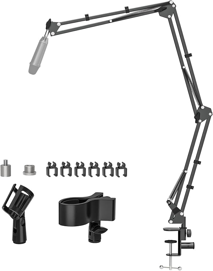 Microphone Boom Arm, Professional Desk Mic Stand with 1/4", 3/8", 5/8" Adapters, Heavy-Duty Clamp, Wide Compatibility for Yeti, AT2020, Podcasting, Streaming & Recording