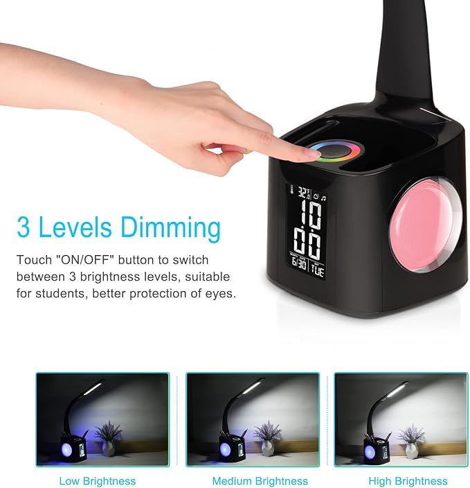 LED Desk Lamp with Clock,Color Changing Nightlight,Study Lamp with Pen Holder,Desk Light with USB Charger,Table Light for Home,Office,Gift for Kids,Students,Women,Black