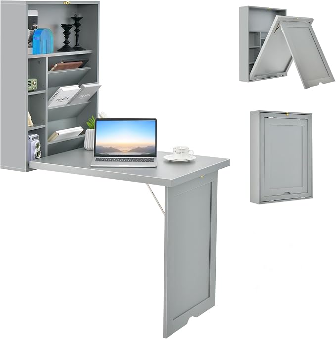 Wall Mounted Desk, Wood Collapsible Floating Desk, Convertible Computer Desk with Storage Area, Hanging Fold Out Table for Home Office, Small Spaces (Grey)