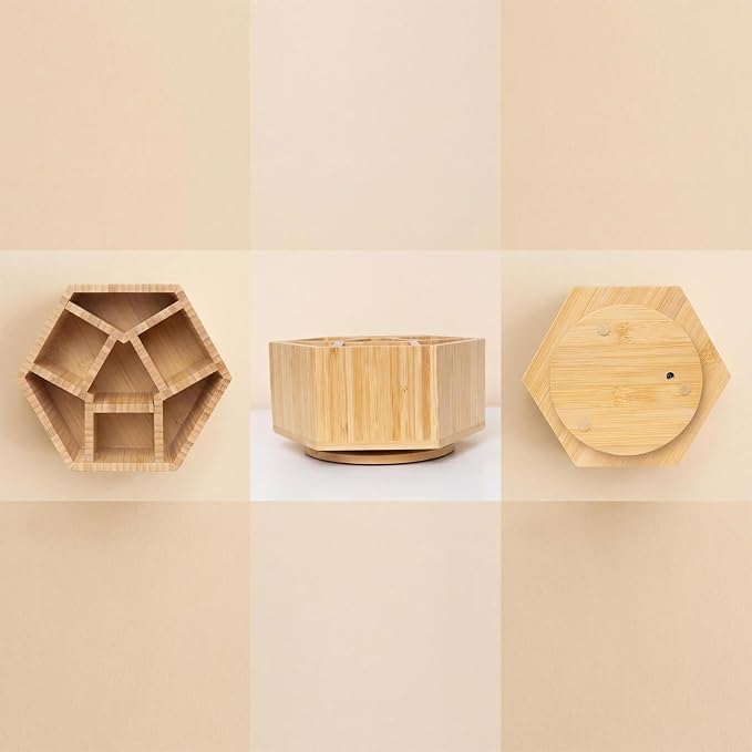 360° Rotating Bamboo Desk Organizer Hexagon | Wooden Desktop Storage, For Artists, Office Supplies, Makeup Brushes, Minimalist Desk Accessory