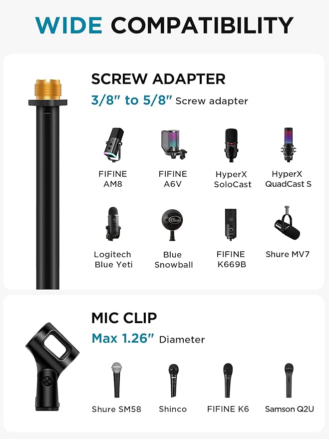 InnoGear Mic Stand, 2 Pack Microphone Stand Floor Detachable Boom Mic Arm Stands with Weighted Base, Height Adjustable from 34" to 60" for Blue Yeti HyperX QuadCast Shure SM58 Samson Q2U Fifine K669B