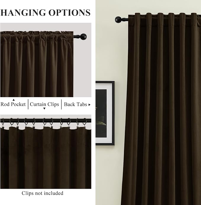 90 Inch Long Velvet Curtains for Living Room, Light Reducing Thermal Curtain Back Tab & Rod Pocket Elegant Soundproof Luxury Room Darkening Window Drapes for Bedroom, W52 x L90, Brown, 2 Pcs