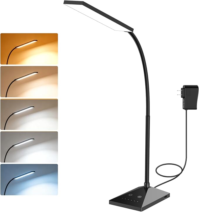 LED Desk Lamp, 7W 390LM Eye-Caring Desk Light with 5 Color Modes & Stepless Dimming, 360° Flexible Gooseneck Touch Control Table Lamp for Bedroom Bedside Study Black