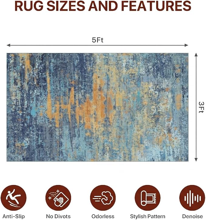 36"x60" Office Chair Mat for Hardwood Tile Floor, Under Desk Carpet Protector for Rolling Computer Chair Mat, Machine Washable Area Rug, Anti-Slip 1/5" Thick Low Pile Thin Vinyl Floor Mat, Blue Orange