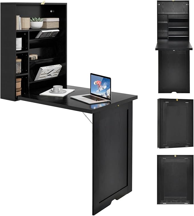 GOFLAME Wall Mounted Folding Desk with 3-Tier Tilt Storage Partition and Adjustable Shelves, Space-Saving Convertible Writing Desk for Home Office, Black