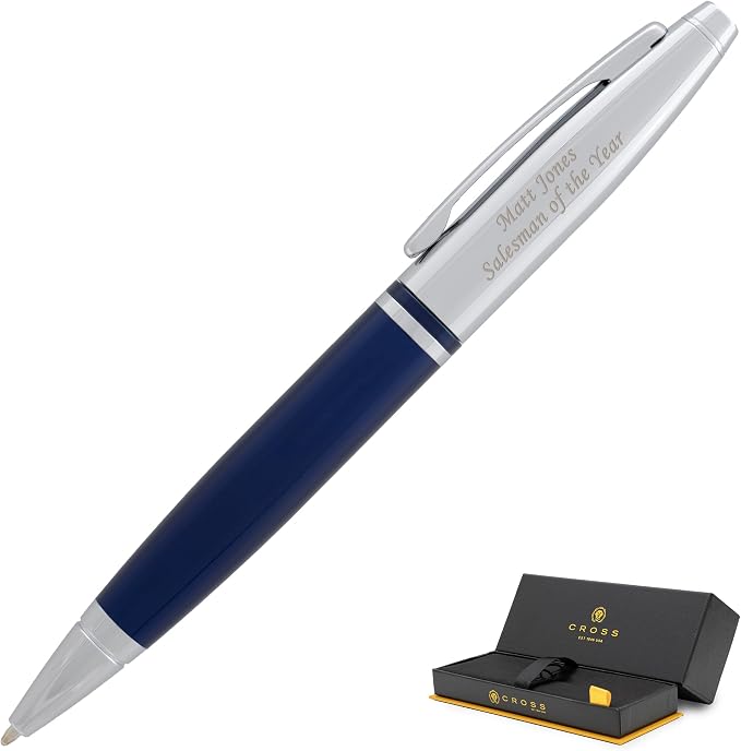 Cross Calais Engraved Ballpoint Pen, Blue Lacquer with Chrome, Art Deco Design, 2 Lines of Text Up to 30 Characters, Gift for Graduation, New Job, Career Advancement, Cross Gift Box