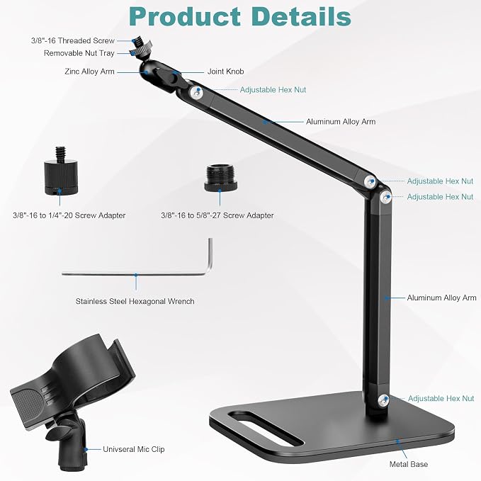 Desk Microphone Stand,Heavy-Duty Adjustable Mic Arm Desktop Microphone Mount,1/4" and 5/8" Screw Adapters,Max Load 3.3 lb,for Fifine/Shure/Pyle/AT2020/Razor/Rode/Blue Yeti & Snowball/Webcam Camera