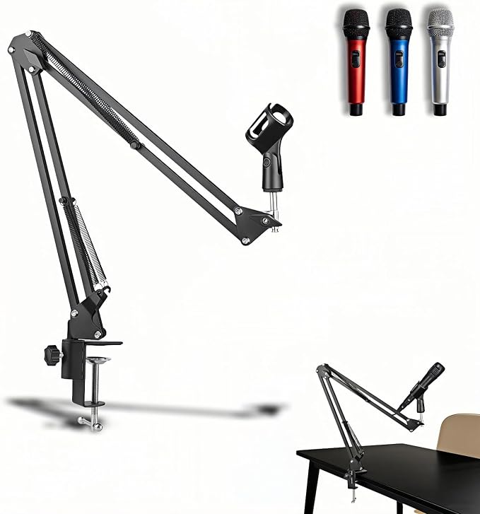 Microphone Boom Arm Stand, Adjustable Desk Mount Scissor Arm with 360° Rotation, Heavy Duty Metal, for Podcast, Recording, Streaming, Gaming, Voice-Over, Studio, Home Office – Black
