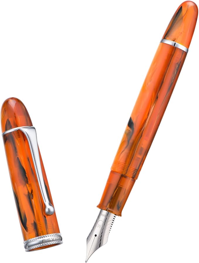 Asvine V800 Fountain Pen -Vacuum Filling System with Large Ink Capacity-Number 8 Stub Nib 1.1mm Calligraphy Art Drawing with Wrench - Amber Acrylic